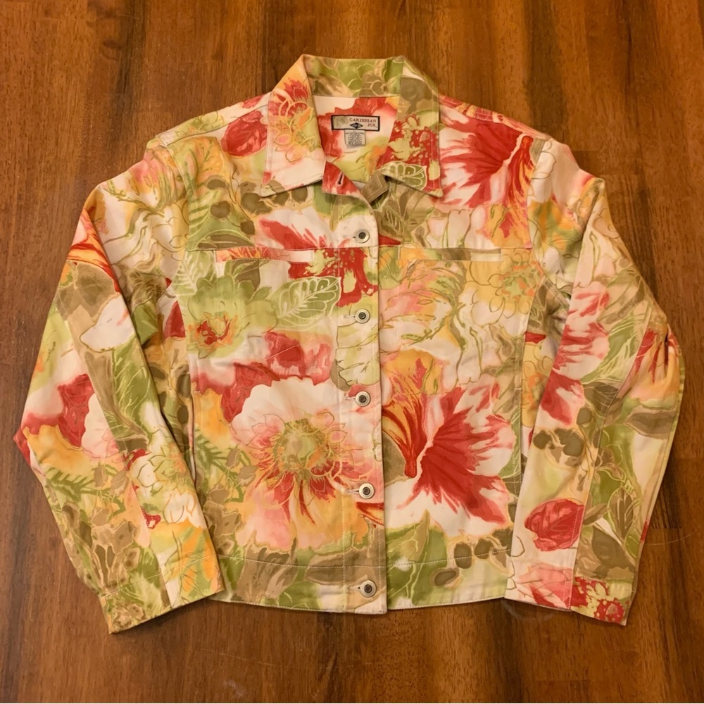Caribbean Joe Jacket Large Multi Color Floral Stretch Lightweight Pockets